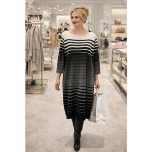 Lauren Ralph Lauren Dress 1X Plus Knit Gray Ivory Ombre Striped Cotton Sweater